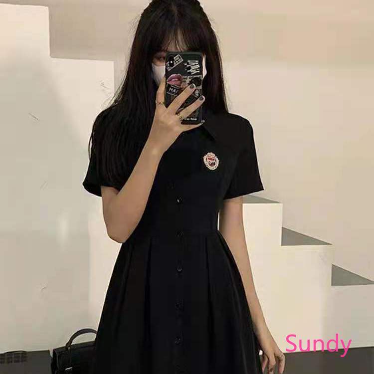 Plus Đầm Tay Ngắn Cổ Polo Màu Đen Xếp Ly Thời Trang Mùa Hè Cho Nữ