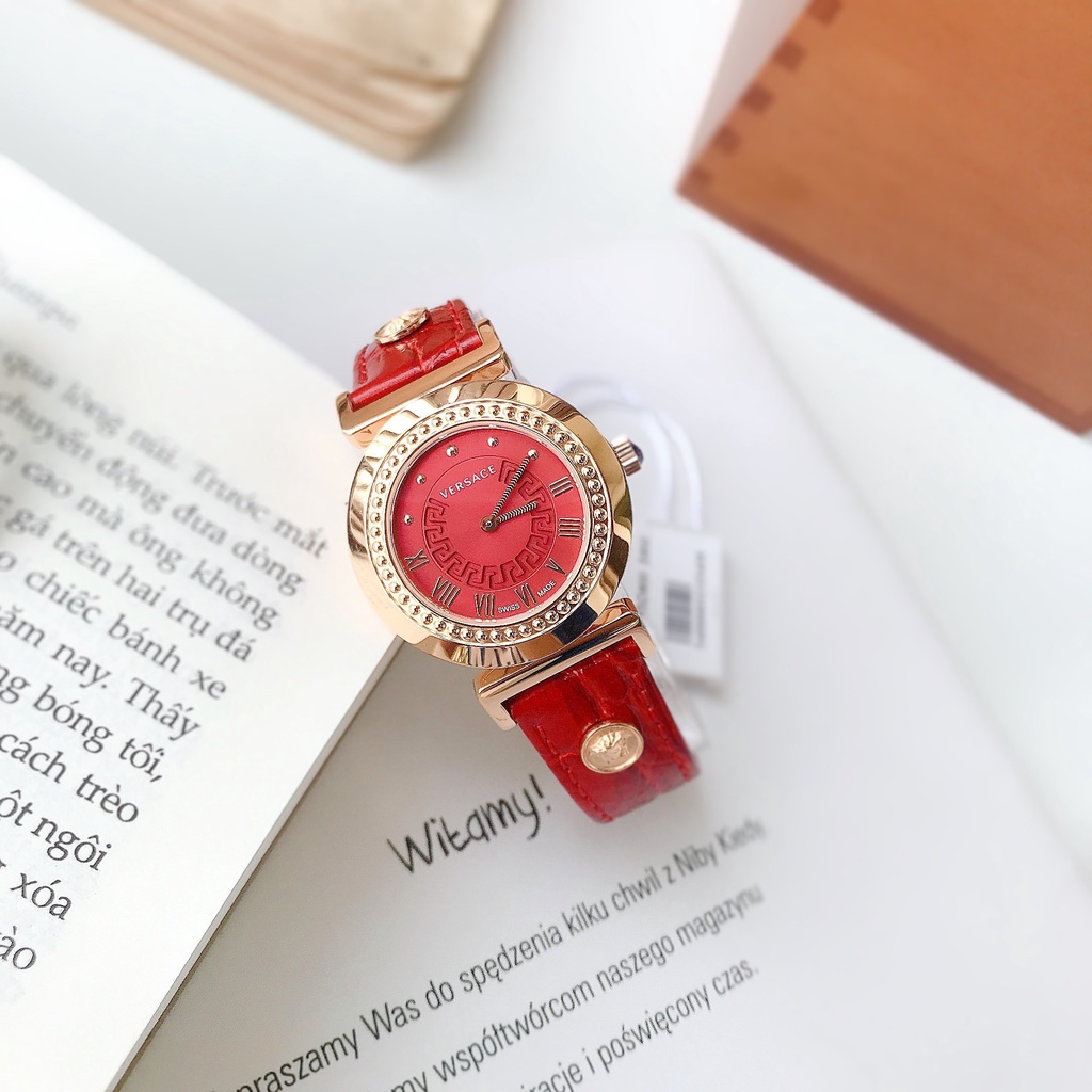 Đồng hồ nữ Versace Vanity dây da cá sấu đỏ mặt Rose Gold cực sang chảnh
