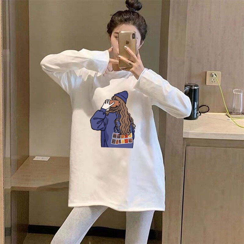 NRVP Áo thun dài tay dáng rộng in họa tiết hoạt hình ngộ nghĩnh sành điệu