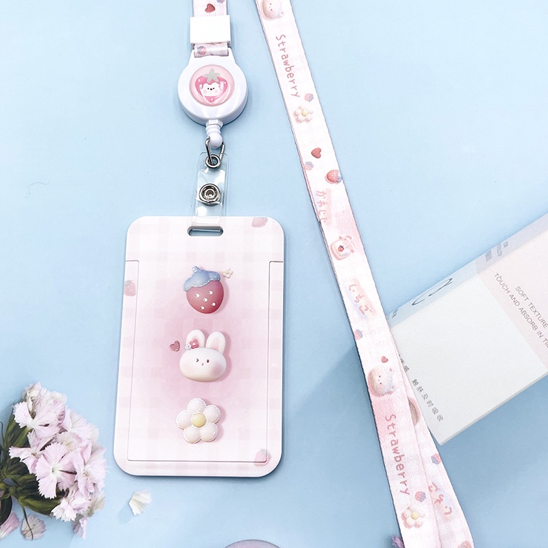 Bộ Kẹp Thẻ Kèm Dây Tự Động Cân Bằng Dâu Tây / Bơ Dễ Thương Cho Nữ Sinh