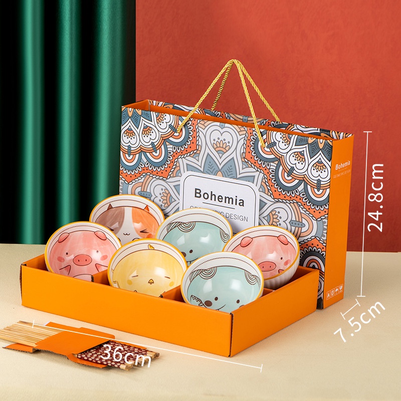 Set 6 bát kèm 6 đôi đũa BOHEMIA dành cho gia đình - Bát ăn cơm hình động vật siêu ngộ nghĩnh cho bé ăn dặm