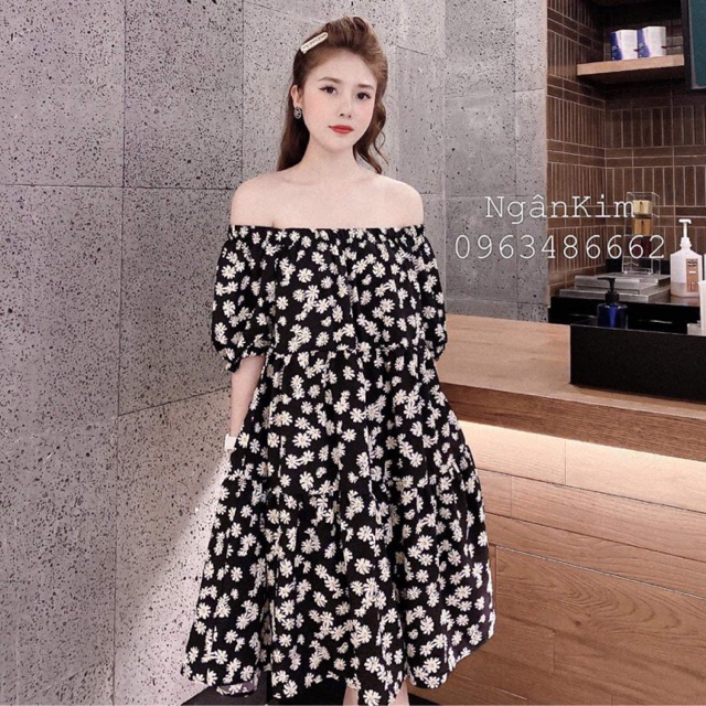 Váy suông hoa cúc trễ vai 3 tầng tiểu thư