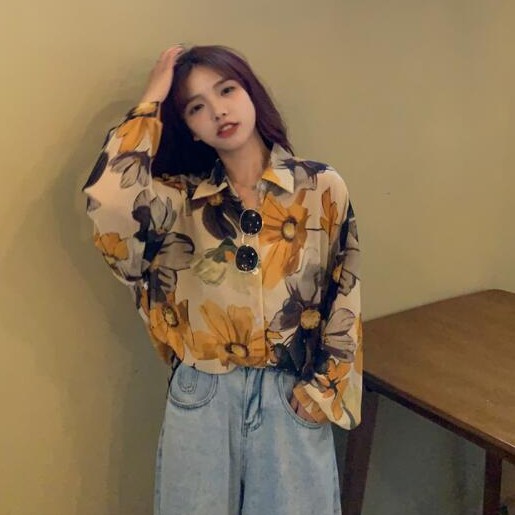 Áo sơ mi chiffon unisex tay ngắn in hoa thời trang | BigBuy360 - bigbuy360.vn