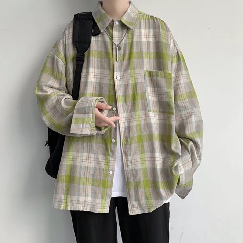 Áo sơ mi tay dài dáng rộng kẻ sọc caro phong cách Nhật Bản thời trang cho nam size M-3XL