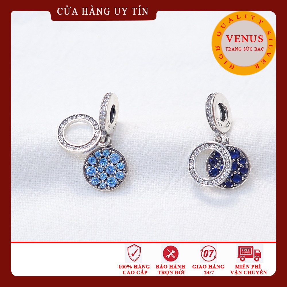 [Charm bạc 925 cao cấp] Charm treo mặt tròn đá màu xanh- Mã sản phẩm VENUSMT