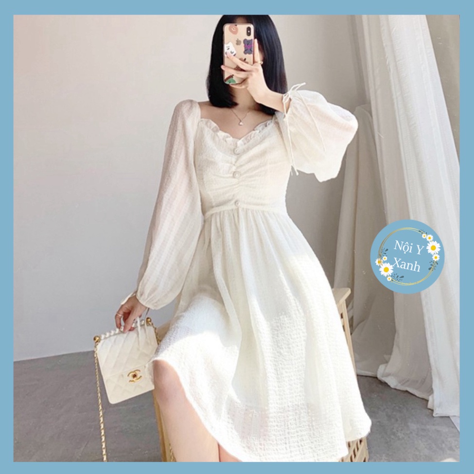 váy babydoll dáng dài trắng tay bồng 3 khuy ngực, đầm nữ dự tiệc dáng xòe babydoll màu trắng chất đẹp, thoáng hút mồ hôi