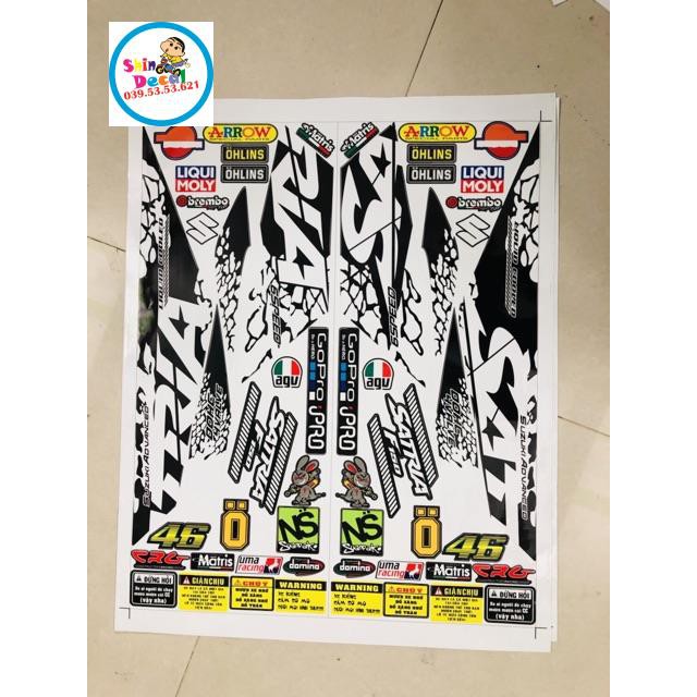 Trọn bộ tem rời Satria Fi trắng đen 3 lớp ko bay màu