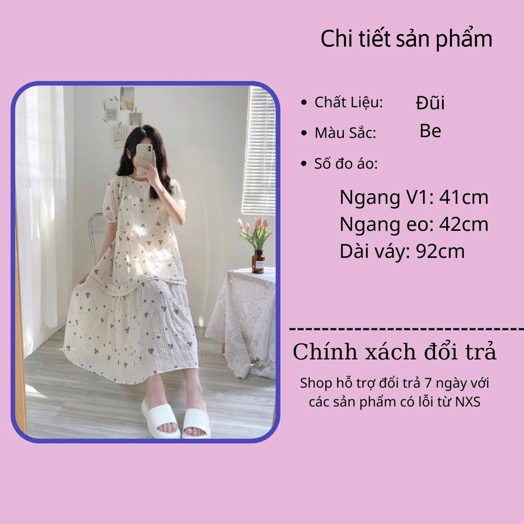 Set váy babydoll dáng dài, váy đầm nữ cộc tay hoa nhí dáng suông form rộng kèm áo khoác cardigan đen đũi Ylydress C1001