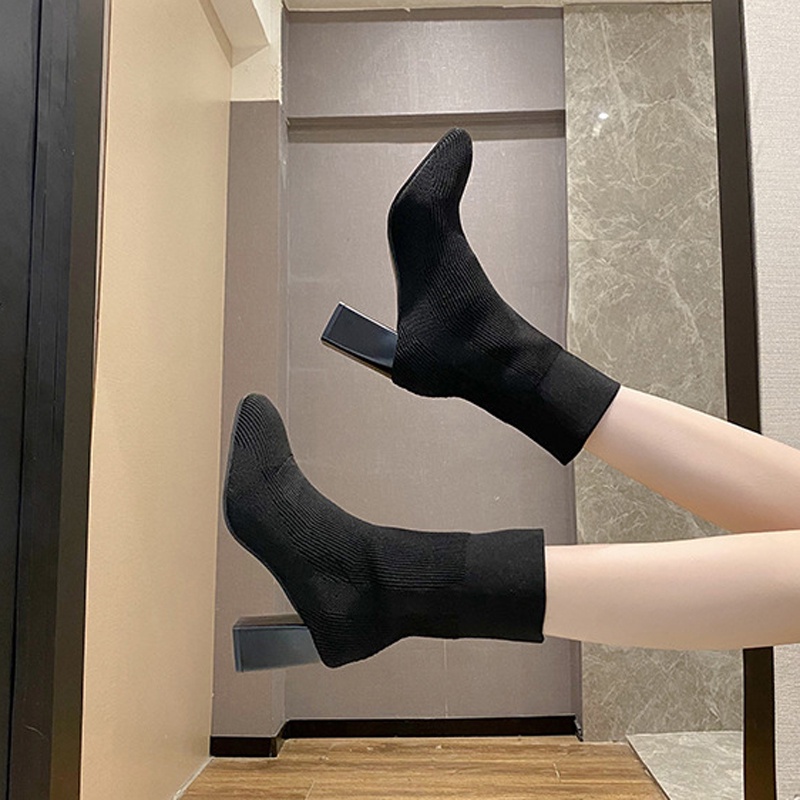 Giày boot IELGY cao gót mũi vuông bằng len co giãn thời trang dành cho nữ