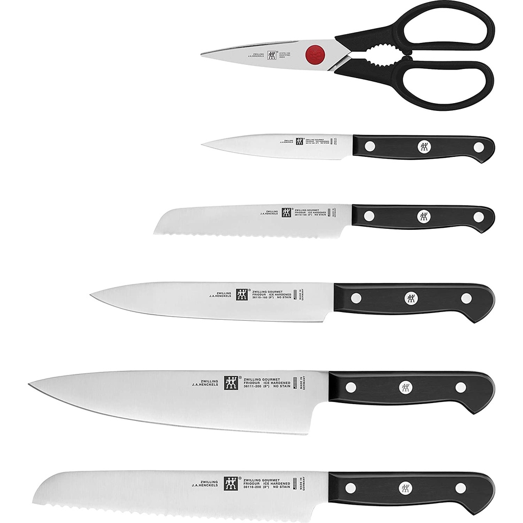 Set dao kéo tự mài Zwilling Gourmet 7 món kèm giá cắm