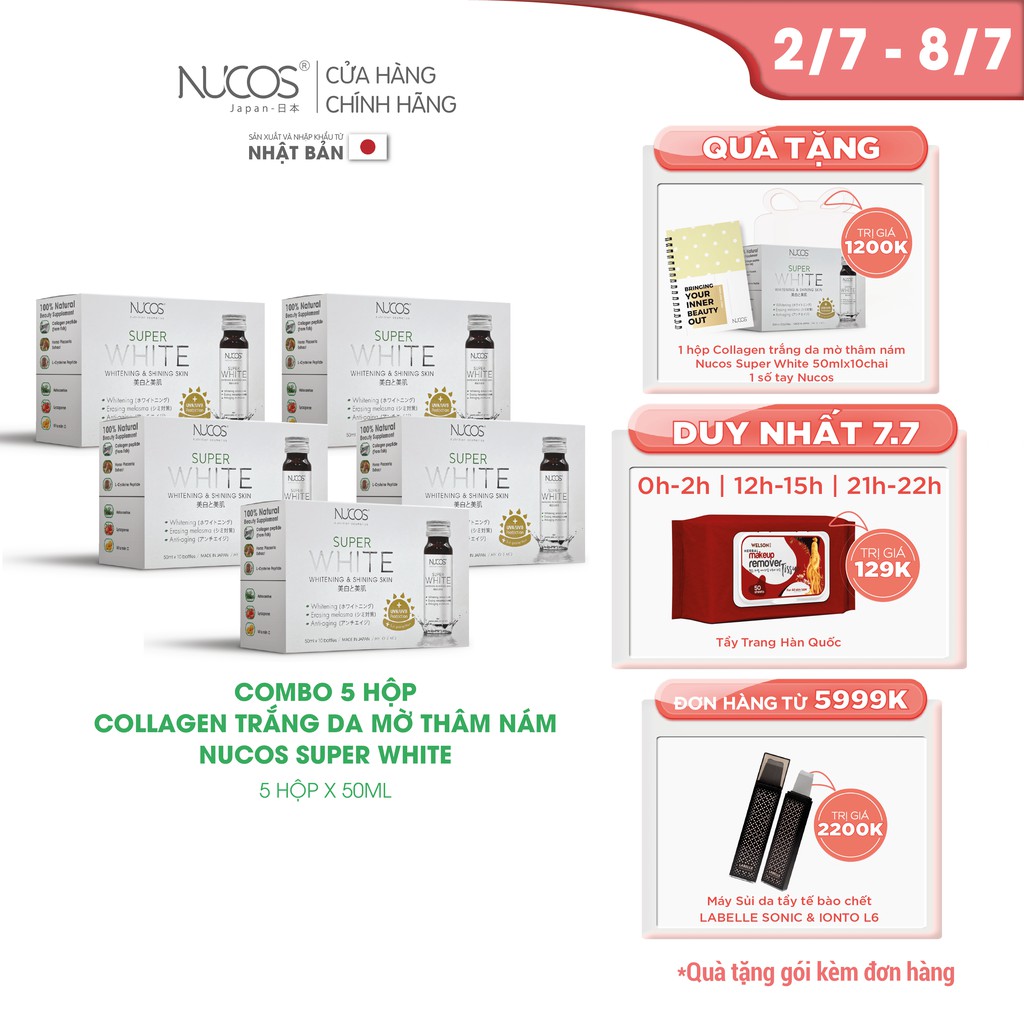 Combo 5 hộp Collagen trắng da mờ thâm nám Nucos Super White 50ml x 10 chai