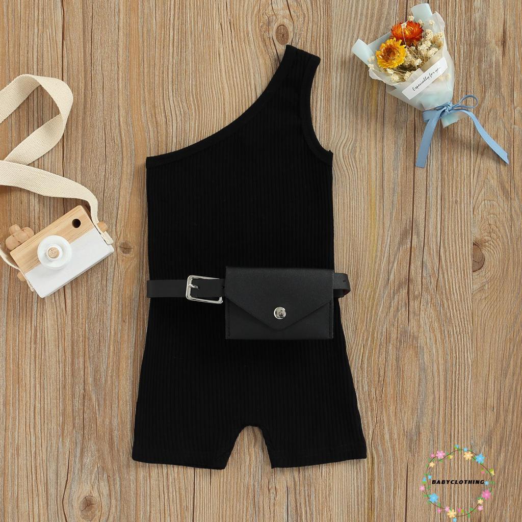 Bộ Áo Liền Quần Sát Nách Lệch Vai Màu Trơn Đơn Giản Kèm Thắt Lưng Cho Bé Gái