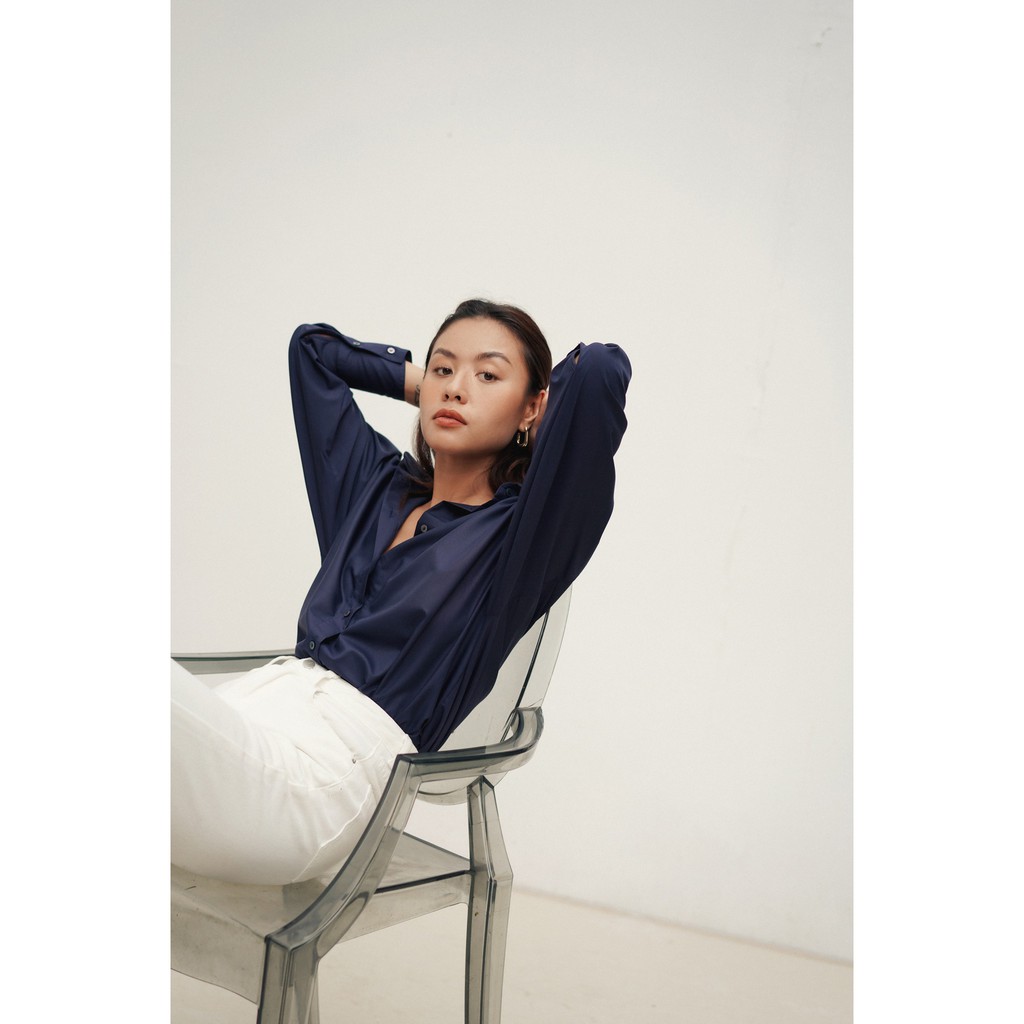 Áo sơ mi nữ dài tay dáng oversized nhiều màu (Xanh navy)_MONOTALK T10001FT