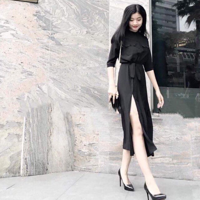 DM606 - Đầm Maxi Đen Xẻ Nút Bọc ( Kèm Hình Thật ) | BigBuy360 - bigbuy360.vn