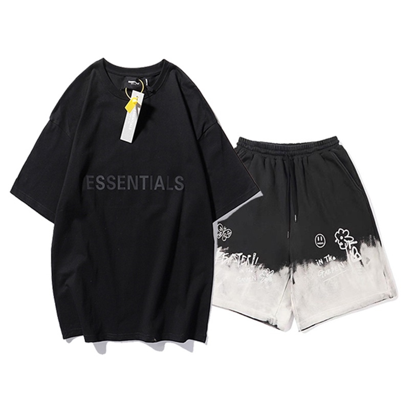 Bộ Quần Áo Thun Nam Nữ Unisex Cổ Tròn Ngắn Tay In Chữ Essentials Quần Short Phối Họa Tiết Thời Trang Zenkonu T223 + S034