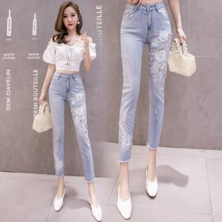 Quần Jeans Nữ Lưng Cao Thêu Hoa Thời Trang Hàn