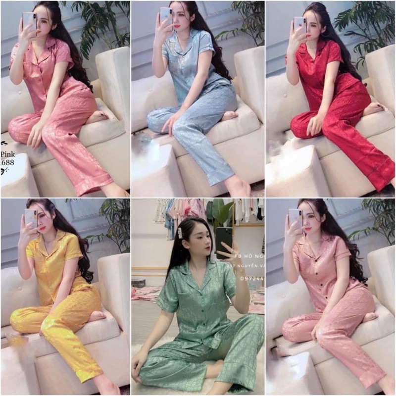 Bộ ngủ pijama lụa gấm tay cộc quần dài