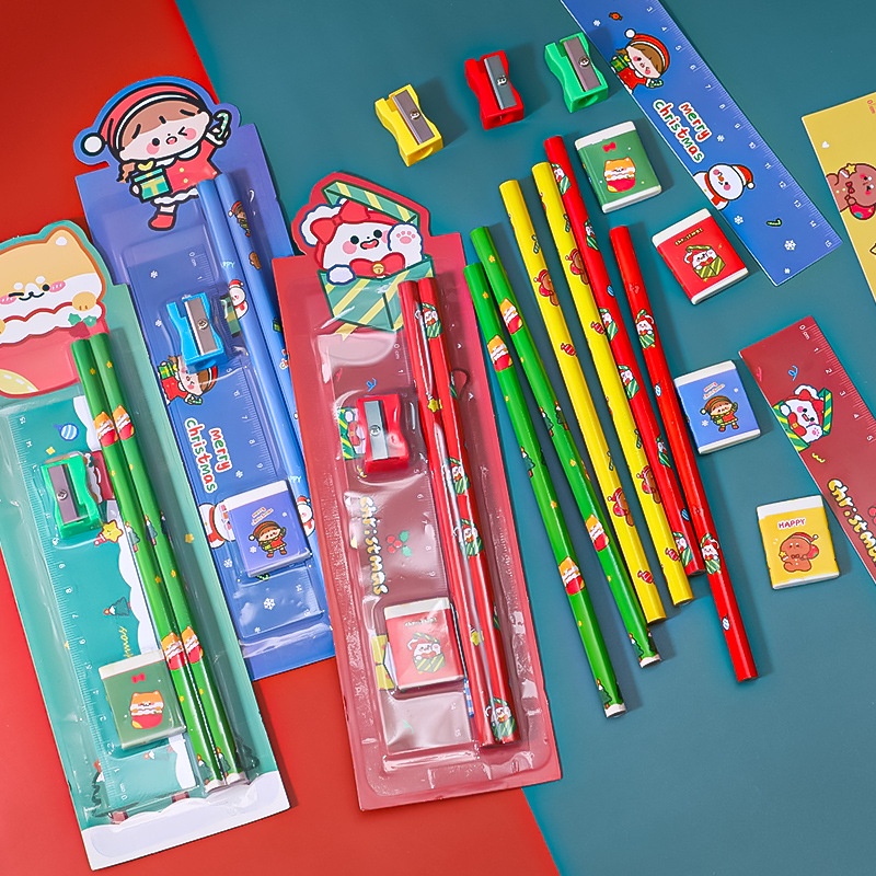 Bộ Bút Chì Kèm Theo Thước Gọt Bút Chì Tẩy Kiểu Giáng Sinh Năm Món Cho Học Sinh