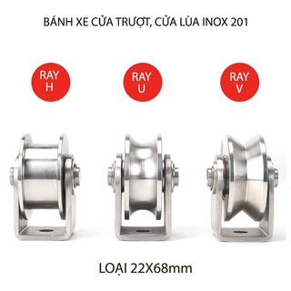 Bộ bánh xe cho cửa cổng trượt, cửa lùa làm bằng inox 201, loại lớn 22x68mm, hình U, V, H tùy chọn