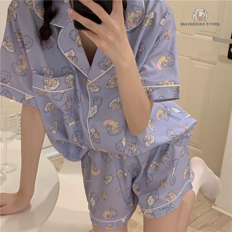 Bộ đồ ngủ ngắn tay dáng rộng in hình gấu dễ thương thời trang mùa hè Hàn Quốc dành cho nữ