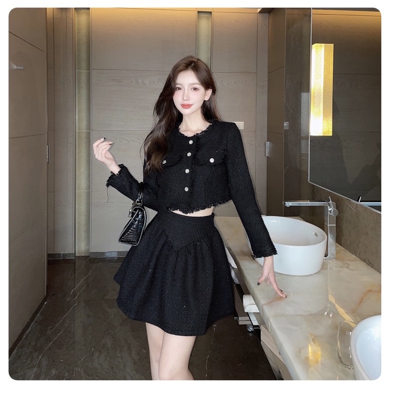 Bộ dạ Tweed áo croptop.