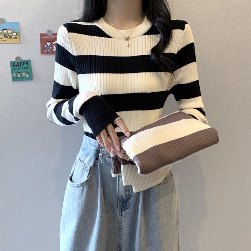622342#Áo Thun Tay Dài Dáng Ôm Họa Tiết Kẻ Sọc Thời Trang Xuân Thu