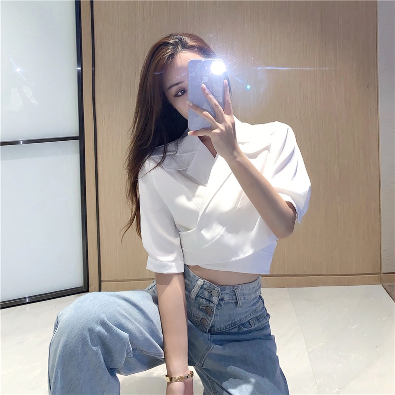 IELGY   Áo Kiểu Tay Ngắn Cổ Chữ V Chéo Dây Lưng Cao Thời Trang Quyến Rũ Cho Nữ