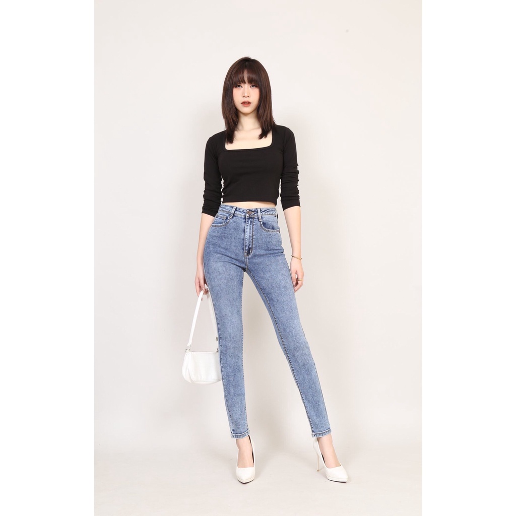Quần Jean Nữ SKinny Xanh Đá Cạp Cao Vải Xuất Xịn Co Giãn Gấu Thường CT Jeans
