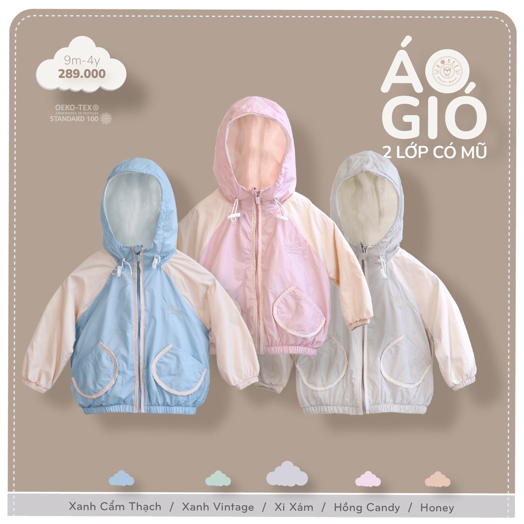 Áo khoác gió/ áo khoác phao có mũ mềm mát cho bé HRNEE
