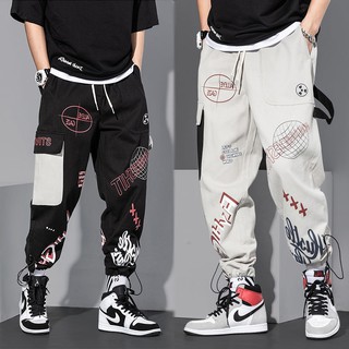 Korean Multi-Pocket Men's Sports Pants M-3XL Plus Sports Size Military Joggers Pants Japanese Wide-legged Men's Sportswear Contrast Color Contrast Elastic Belt
