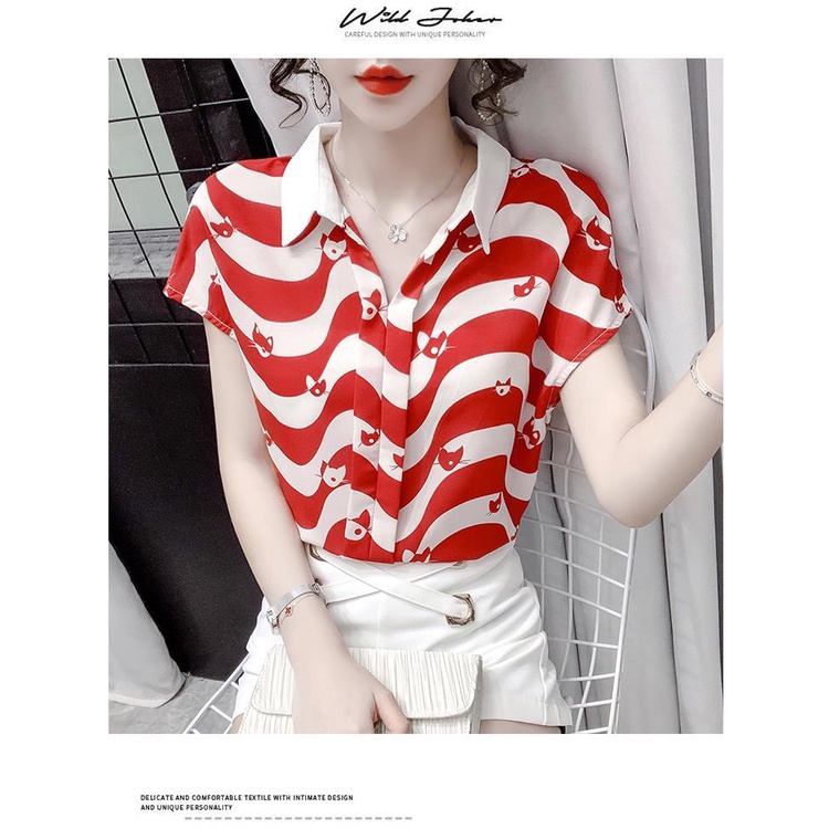 Áo Thun chiffon Ngắn Tay Họa Tiết Kẻ Sọc Thời Trang Mùa Hè Dành Cho Nữ Trung Niên