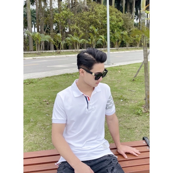 Áo Polo Thom Cotton Dập 4 Sọc Tay Thêu Vạch Xẻ Tà