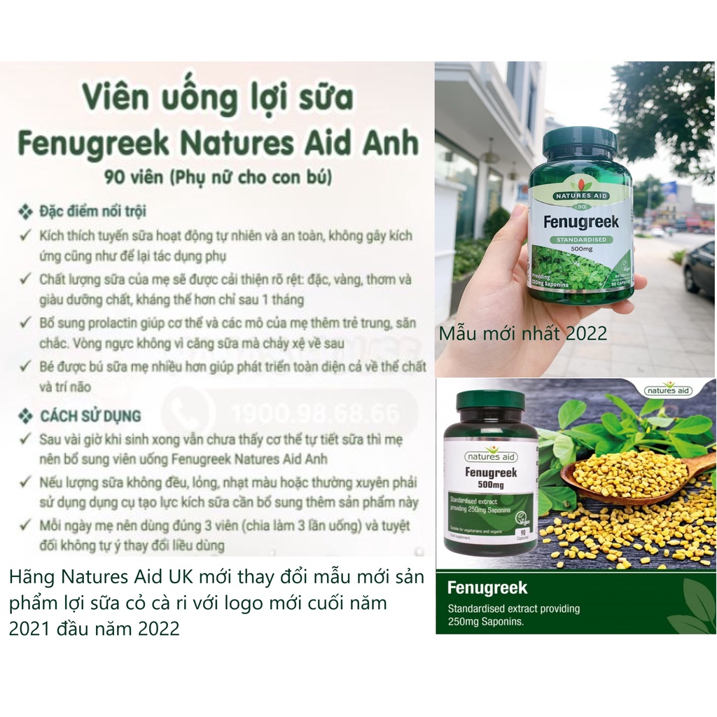 Viên uống lợi sữa Cỏ cà ri Natures Aid Fenugreek 500mg, Anh (90 viên) tăng cường dưỡng chất trong sữa cho mẹ sau sinh