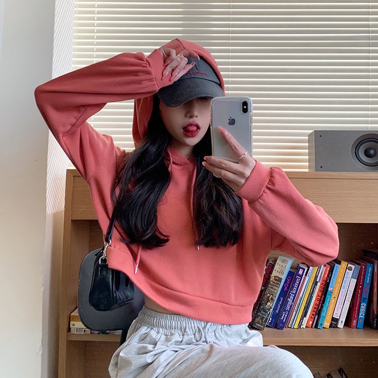 Áo Hoodie Ngắn Mỏng Dáng Rộng Màu Trơn Phong Cách Hàn Quốc Thời Trang Mùa Thu Hàng Mới Dành Cho Bạn Nữ