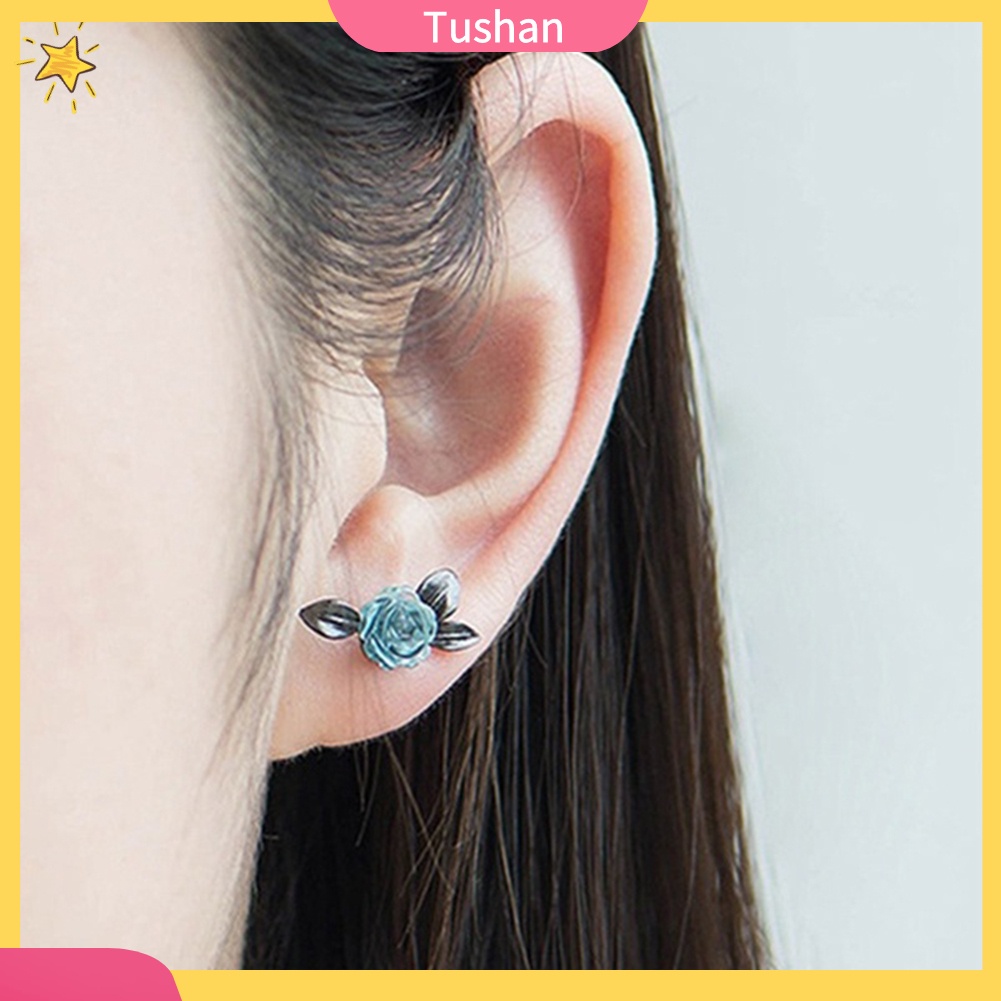 TUSH_Fashion Women Asymmetric Thorns Branch Rose Flower Ear Stud Earrings Jewelry