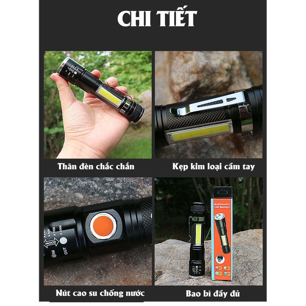 Đèn Pin Led Siêu Sáng Chip COB Sạc USB, Nam Châm Siêu Hút, Cho Thợ Sửa Ô tô, Máy Móc Cơ Khí - Gắn Vào Xe Đạp