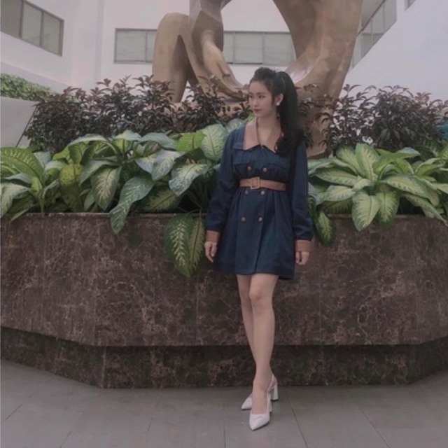 Đầm Nhung Tăm Xanh Coban Phối Da Tay Dài