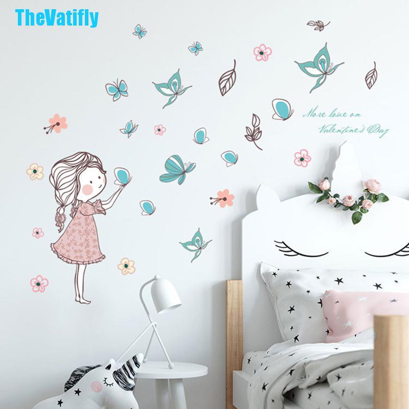 Decal dán tường Họa Tiết Cô Gái Và Bướm Hoạt Hình Dùng Trang Trí Phòng
