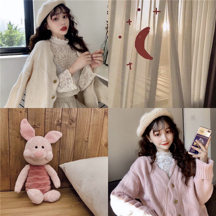 Áo Khoác Cardigan Dệt Kim Tay Dài Cổ Chữ V Dáng Rộng Màu Trắng/Hồng Phong Cách Nhật Bản Cho Nữ
