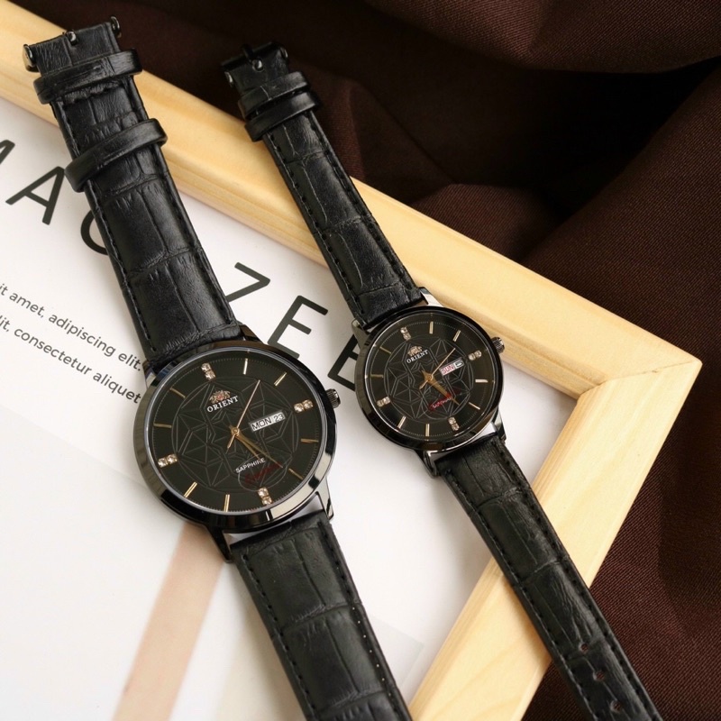 Đồng Hồ Cặp Đôi Nam Nữ orient Kính Sapphire Dây Da , Size 30/40mm