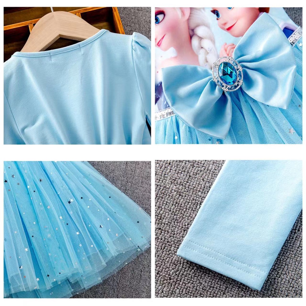 SUGE Đầm Công Chúa Aisha Tay Ngắn Phối Lưới Họa Tiết Hoạt Hình Frozen Dễ Thương Cho Bé Gái