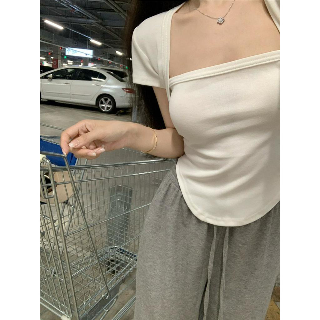 ZHELIHANGFEI Áo Thun Tay Ngắn Cổ Vuông Màu Trắng Phong Cách Mới Cho Nữ