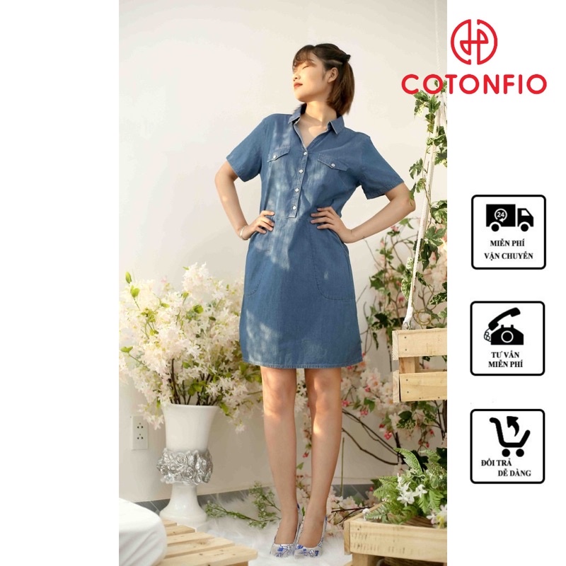 Áo Đầm Jean Nữ Đầm Công Sở Vải Jean COTONFIO 8054 Váy đẹp mỏng nhẹ thoáng mát dễ chịu mau khô