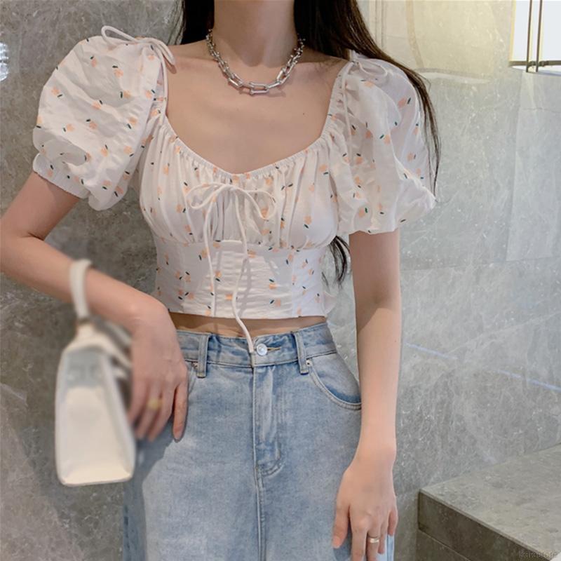 Áo Croptop Tay Phồng Cổ Chữ V In Hoa Thời Trang Mùa Hè Cho Nữ