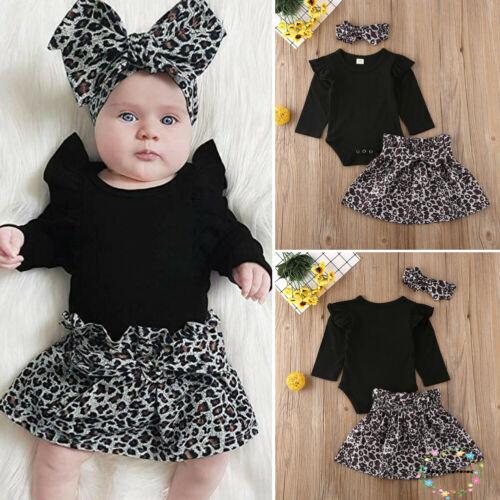 ღWSVღNewborn Baby Girl Autumn Winter Long Sleeve Romper Bodysuit Leopard Skirt Headband Outfits Set