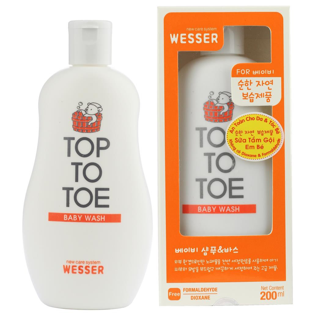 Sữa/Dầu tắm gội Wesser Nano Silver TOP TO TOE cao cấp 200ml màu trắng chính hãng nhập khẩu Hàn Quốc cho bé yêu