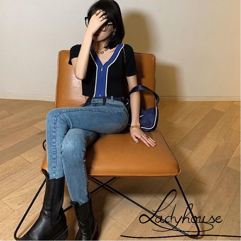 Áo Croptop Dệt Kim Tay Ngắn Cổ Chữ V Màu Sắc Tương Phản Có Khóa Kéo Thời Trang Mùa Hè Cho Nữ