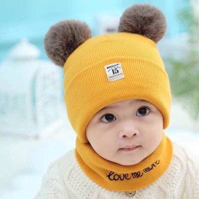Sỉ set khăn mũ hai quả bông dễ thuơng cho bé