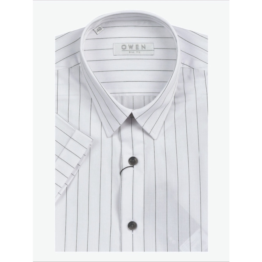 Áo sơ mi nam ngắn tay OWEN AS22569N somi công sở vải sợi tre cao cấp màu trắng kẻ sọc đen dáng ôm tà lượn không túi