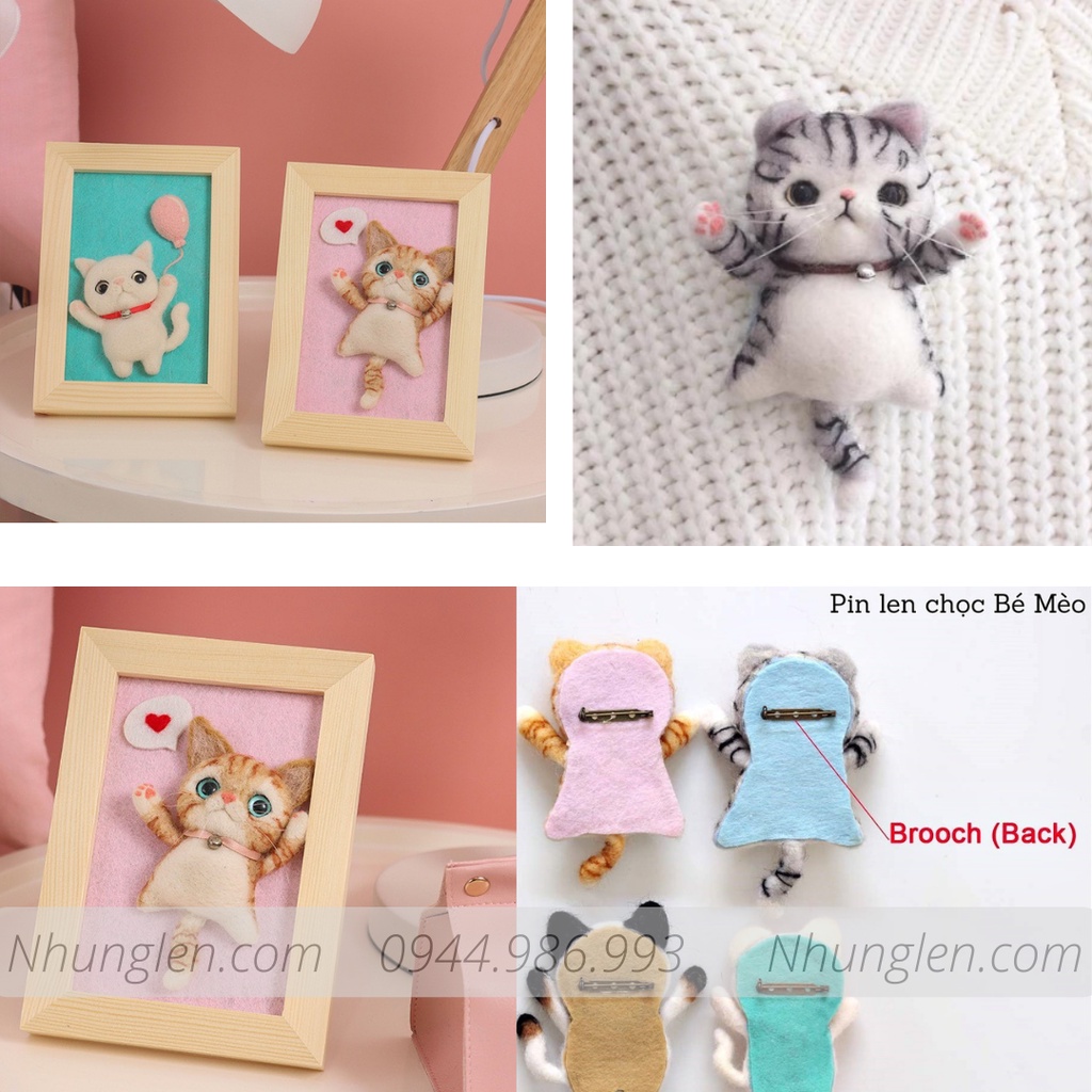 Tự làm Pin cài áo từ len chọc hình Con Mèo, Có Video hướng dẫn - Needle Felting Cat